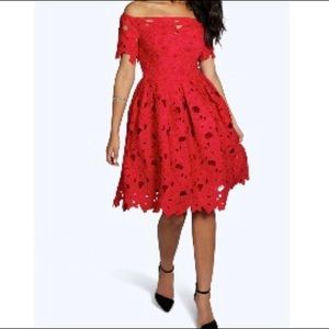 Midi red flower lace dress
